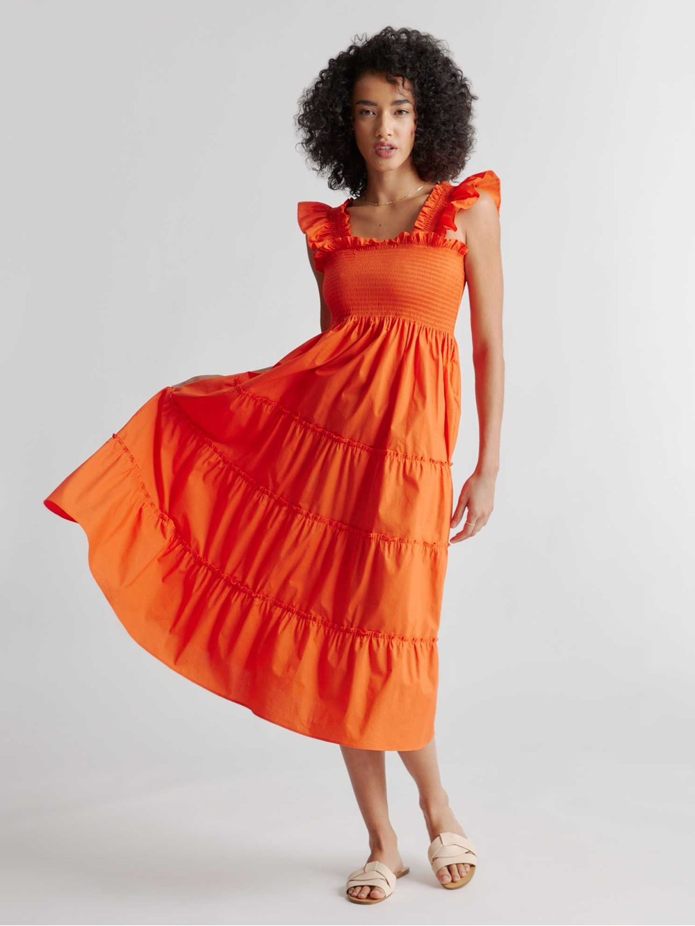 LIKE NEW Quince 100% Organic Cotton Smocked Midi Dress Orange Red Size Small